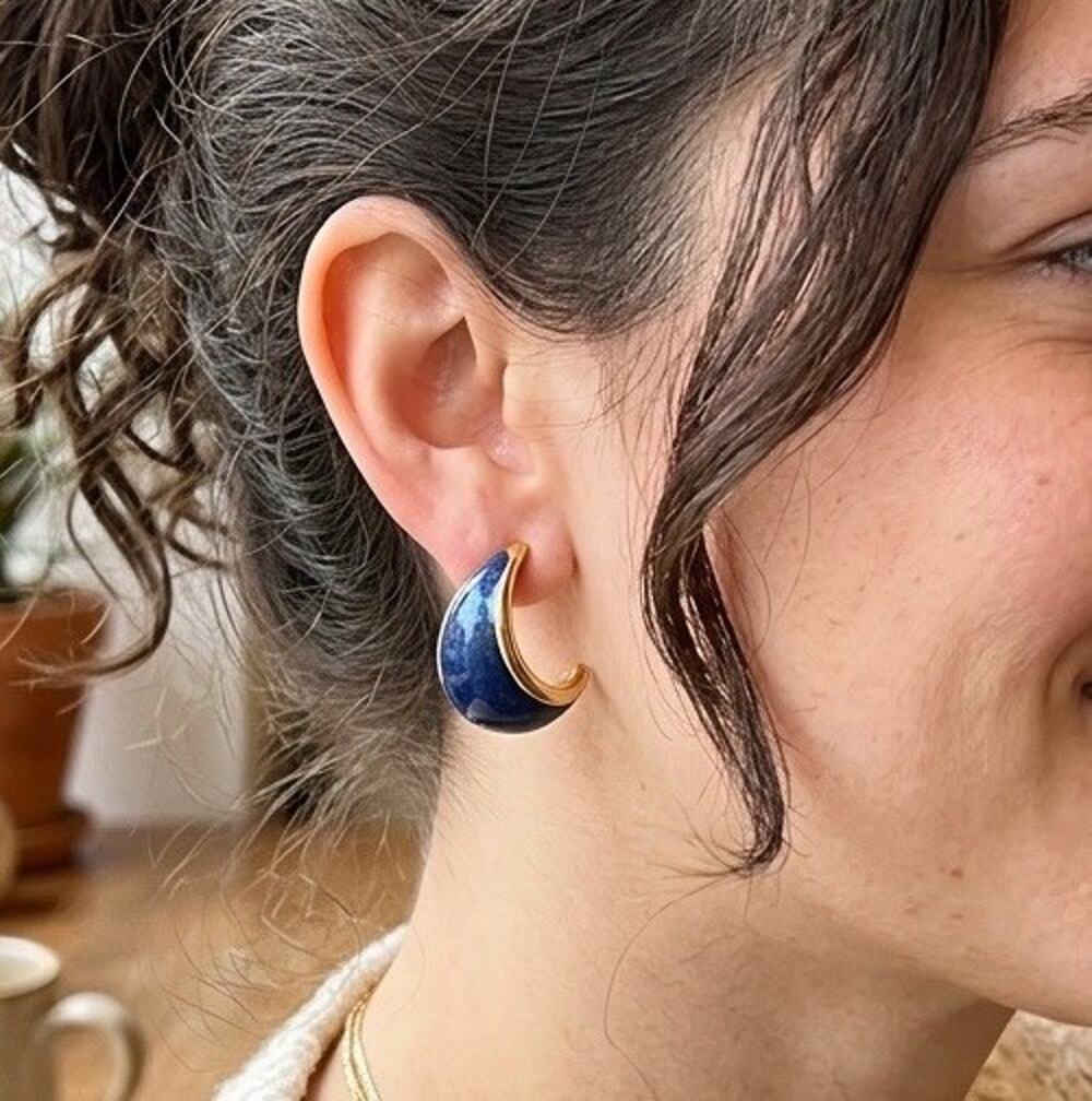 Crescent J-Hoop Earrings Royal Blue Enamel Inlay Gold Plated Retro 1980s Classic